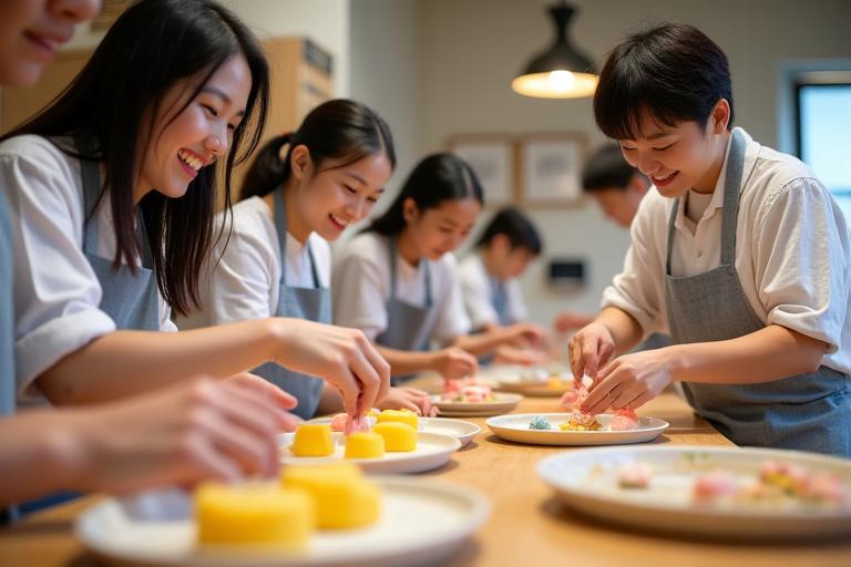 和菓子教室で参加者が楽しそうに菓子を作っている様子